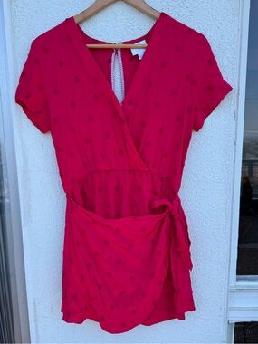 Anthropologie Magenta Pink Short Sleeve Romper Size S Swiss Dot Wrap Skirt
